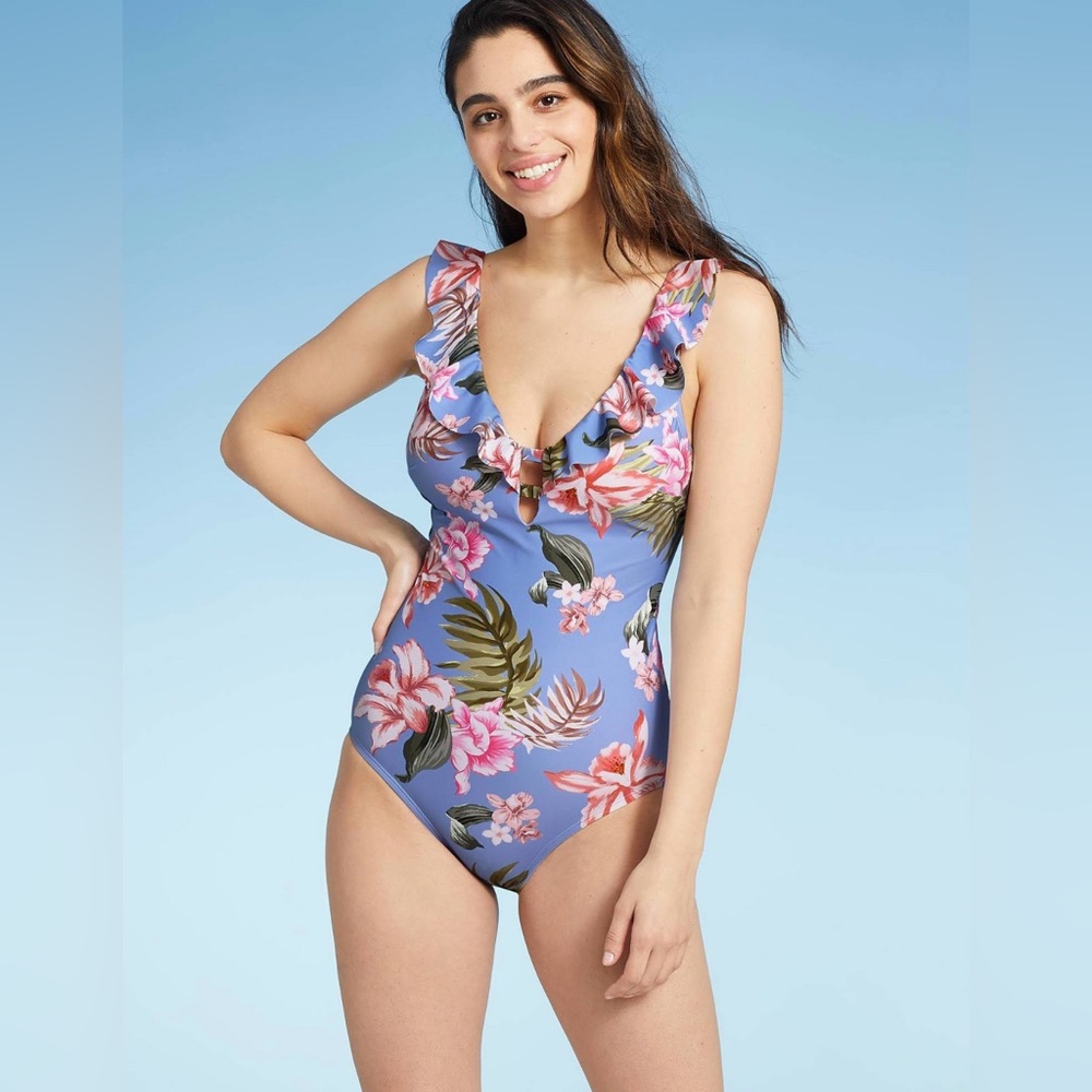 Kona Sol One Piece Floral Ruffle Swimsuit Sz L